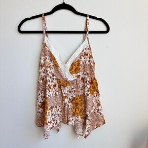 Boho Patchwork Floral Camisole Tank Top - White, Mustard & Tan